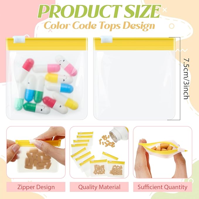 Sherr 35 Pcs Pill Pouch Zippered Pill Pouch Set Reusable Translucent Medicine Organizer Self Sealing Medicine Organizer Travel Plastic Bags with Slide Lock for Storage(Sweet, Macarons Color)