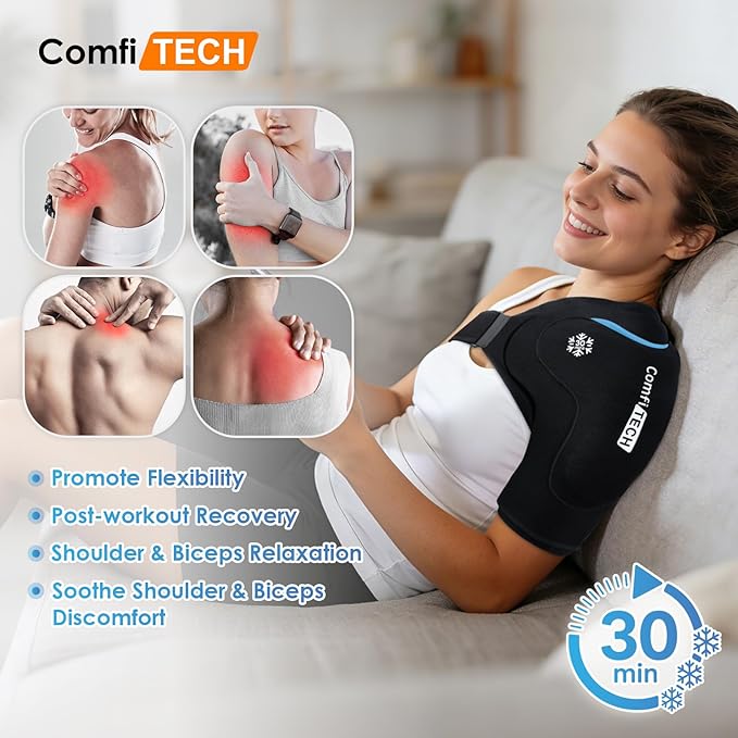 ComfiTECH Dual-Gel Shoulder Ice Pack Wrap with Extended 30-Minute Cooling for Rotator Cuff & Arm, Flexible Cold Compression Sleeve Shoulder Brace for Post-Workout, Discomfort, Muscle Relaxation, M
