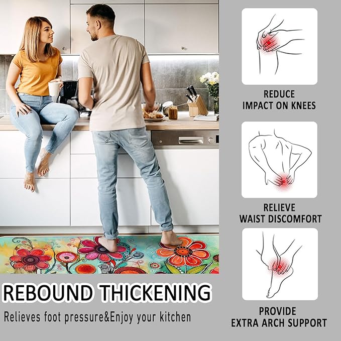 Bulijojo Flowers Anti Fatigue Kitchen Floor Mats Set of 2 Waterproof Kitchen Sink Runner Rug Standing Mat Cushioned Kitchen Rugs Comfort Doormat 17"x47"+17"x28"