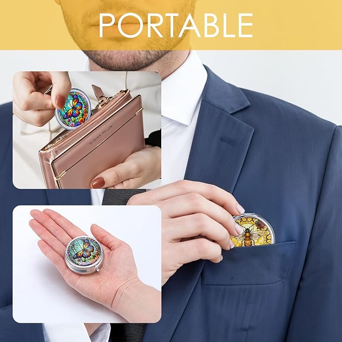 Sibba 2Pcs Portable Medicine Pill Case Moisture Proof Pocket Pill Organizer Dispenser Cute Compact Nice Tablet Box Bee&Butterfliy Medicine Pills Box Metal Pillbox with Mirror for Vitamins, Fish Oil