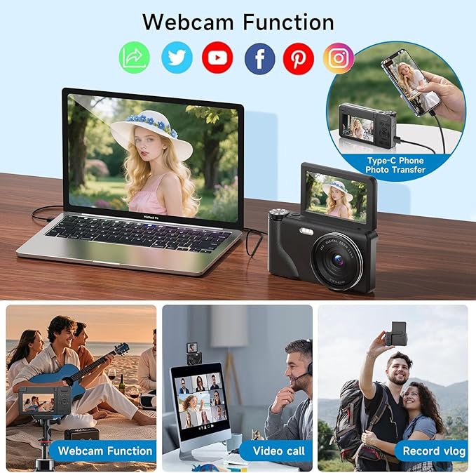 4K 64MP Digital Camera with 3" 180° Flip Screen, 2026 Latest Autofocus Vlogging Photography Camera for YouTube, 18X Digital Zoom Compact Travel Cameras with 64GB SD Card for Beginner (Black)