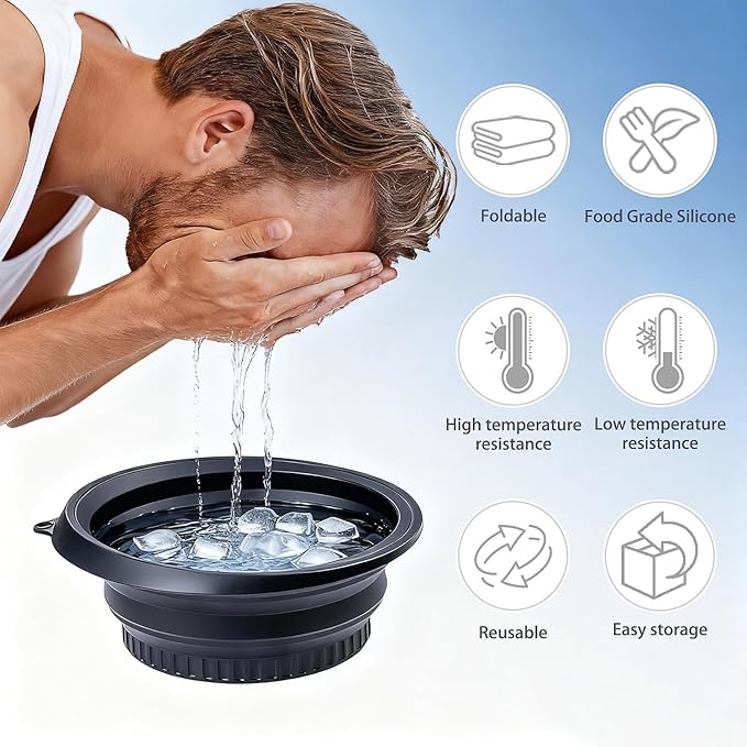 Foldable Face Bowl for Ice with Built-in Ice Tray & Hanging Hook - Collapsible Silicone Facial Bath Bowl for Cold Plunge Therapy, Skin Tightening, Pore Minimizing - Portable for Home, Travel(Black)