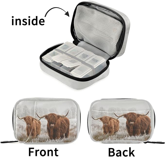 Highland Cow Travel Pill Case Portable Weekly Pill Box Bag Container 7 Days Pill Organizer Vitamin Supplement Holder with Zipper for Family Business