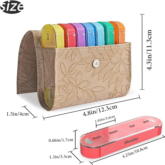 Pill Organizer,LIZIMANDU Weekly Travel Pill Case Box Medication Reminder Daily AM PM, Day Night 7 Compartments,for 4 Times A Day, 7 Days a Week-Includes Leather PU Carrying Case(1-Carved Apricot
