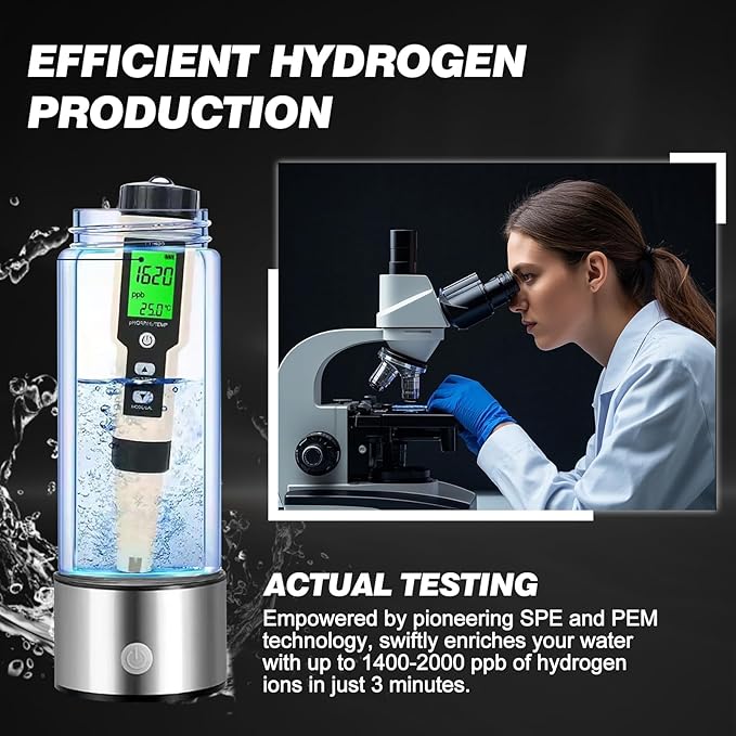 Hydrogen Water Bottle, Hydrogen-Rich Water Generator Bottles -Upgraded SPE/PEM Technology, Portable Rechargeable Hydrogenated Water Glass Bottle (Suitable for Purified & Distilled Water)