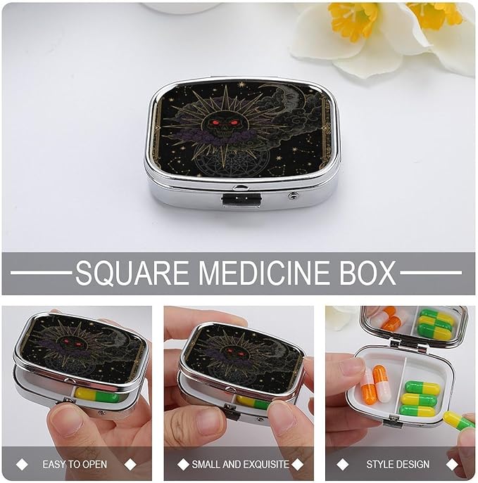 Metal 2 Compartment Pill Organizer Travel Friendly Portable Compact Pill Box Cute Pill Case,for Pocket Wallets Daily Portable Medicine Vitamin Tablet Storage (The Dark Moon and The Sun)