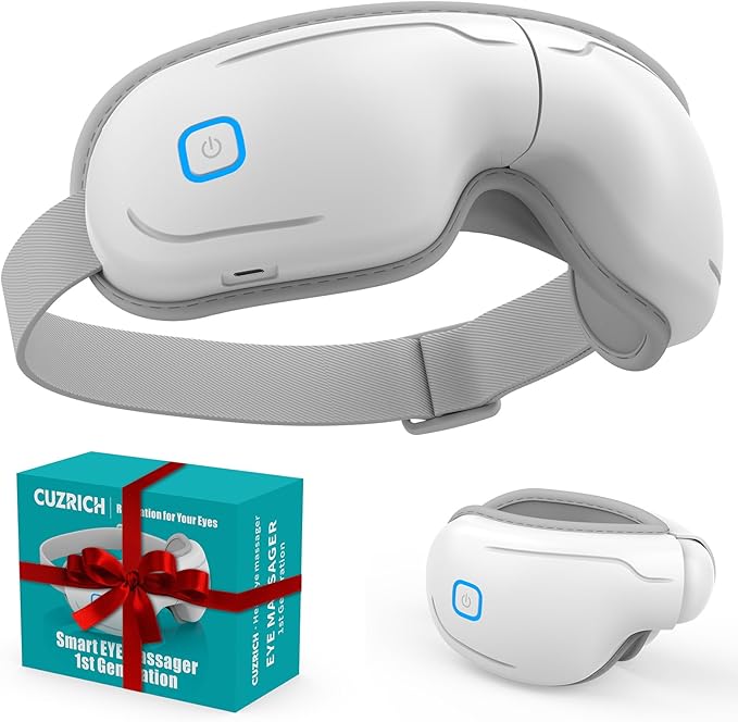 Eye Massager with Heat and Compression - Classic White Heated Eye Mask with Vibration, Bluetooth Music, 6 Modes, Rechargeable 1200mAh Battery for Eye Strain, Dry Eyes, Migraines Relief