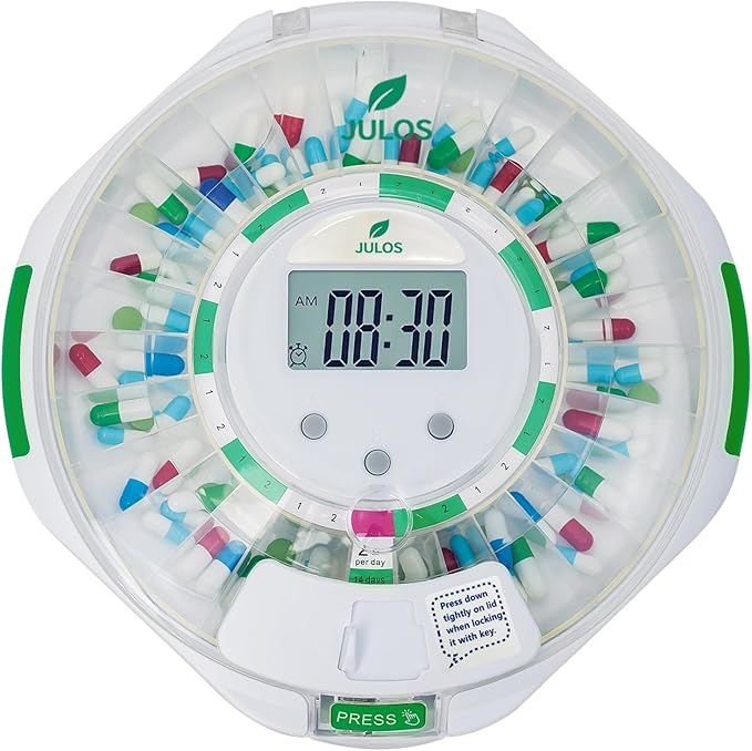 JULOS 28-Day Automatic Pill Dispenser with Audio & Visual Alerts for Elderly, up to 6 Alarms/Day, Easy-Read LCD Display, 9 Dosage Templates, Lock Medicine Dispenser for Medication, Vitamins, Clear Lid