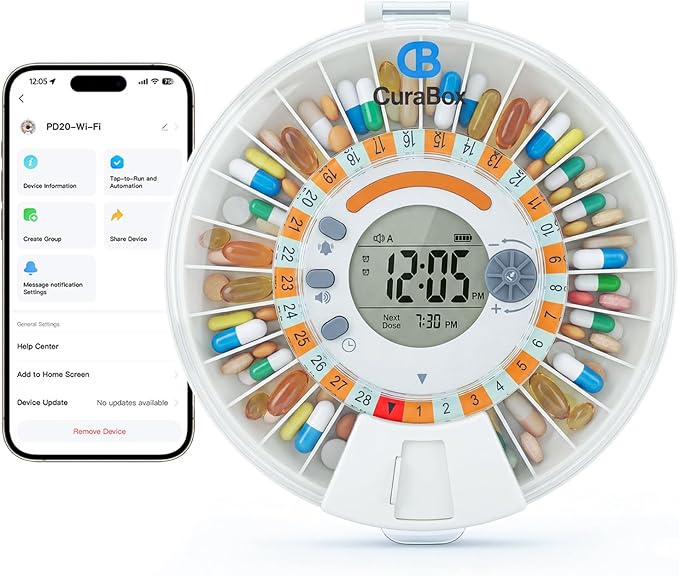 Automatic Pill Dispenser for Elderly with Alarm - WiFi App Monitoring - 28 Day Medication Organizer for Care Monitoring with Lock Key, Light/Sound Alarms for Prescriptions & Vitamins
