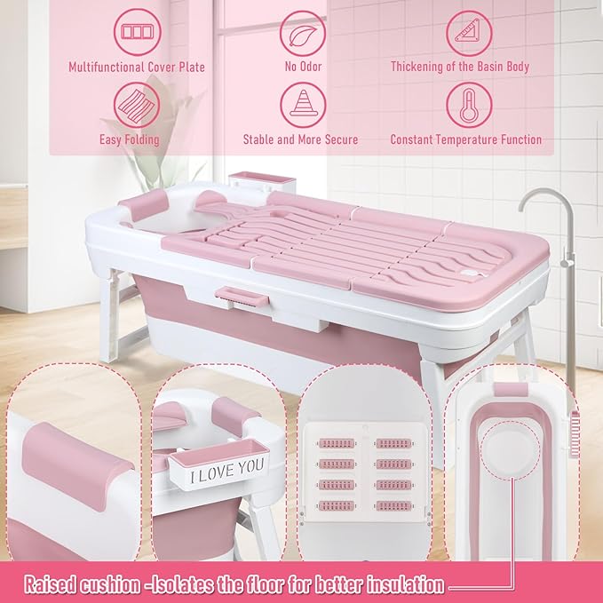 Portable Bathtub, 58/56/50/46 Inch Collapsible Bathtub, Freestanding Foldable for Adults, Folding Tub for Shower, Hot Bath, Ice Bath (Pink-A-150cm)