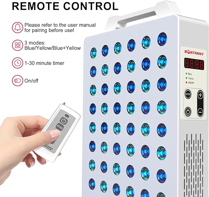 Blue/Yellow Light Therapy, 450/480/590nm 3 Wavelengths Blue Yellow Light Device with 60 Dual Chip Clinical Grade LEDs, Remote Control, Timer for Face, Body, Improve Skin, BO-300 (White)