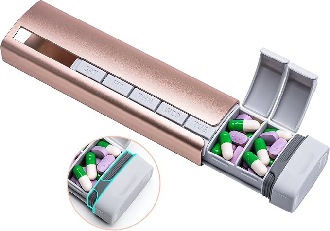 Daviky Metal Travel Pill Organizer, Premium Aluminum Pill Box 7 Day, Weekly Daily Pill Case, Stylish&Cute Pill Holder for Medicines, Supplements and Vitamins (Pink+Gray)