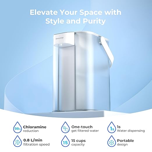 Waterdrop 98% Chloramine Reduction Electric Water Filter Pitcher, Rechargeable Water Dispenser, Instant 200-Gallon 15-Cup Countertop Purifier, NSF/ANSI 42, Reduce PFOA/PFOS, Lead, White, with 1 Filter