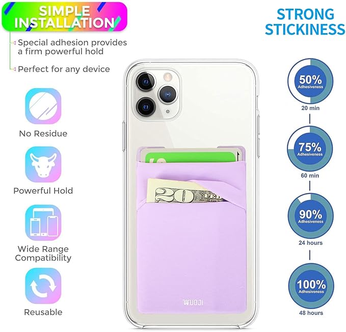 Adhesive Phone Pocket,Cell Phone Stick On Card Wallet Sleeve,Credit Cards/ID Card Holder(Double Secure) with Sticker for Back of iPhone,Android and All Smartphones(Black Purple)-2PC