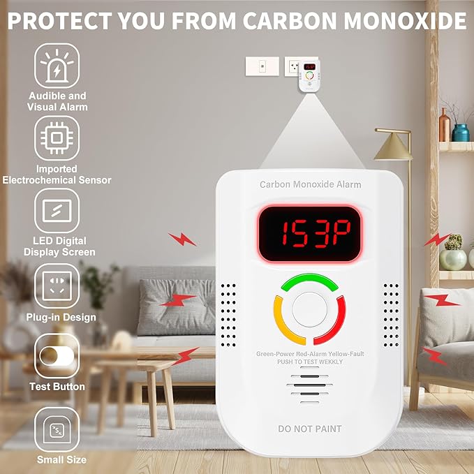3 Pack Carbon Monoxide Detector,Plug in co Detectors for Home, Portable Carbon Monoxide Alarm Battery Powered with LED Display for Travel
