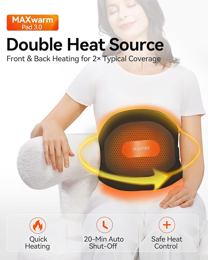 Portable Heating Pad for Back, Cordless Wearable Heat Belt with Massager for Lower Back Pain Relief, Battery Powered 8000 mAh Rechargeable, MAXwarm® 3.0, Gift for Women Men 90-310 lbs