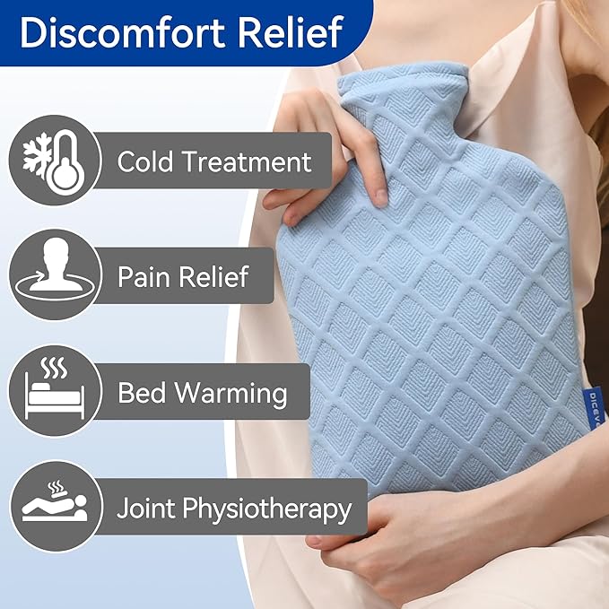 Hot Water Bottle with Soft Cover, 2L Hot Water Bag, Hot and Cold Therapies for Sore Muscles, Menstrual Cramps, Neck and Shoulder Pain Relief, Great for Women, Childs, Blue
