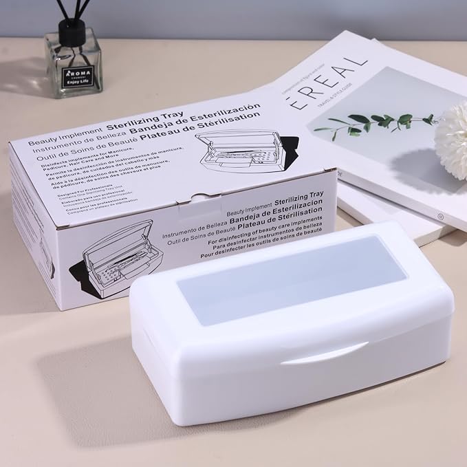 Nail Tool Sterilizer Box Plastic Disinfectant Container for Nail Art Accessories Tools, Sterilizer Soaking Box with Strainer Pedicure Manicure Cleaning Equipment, White