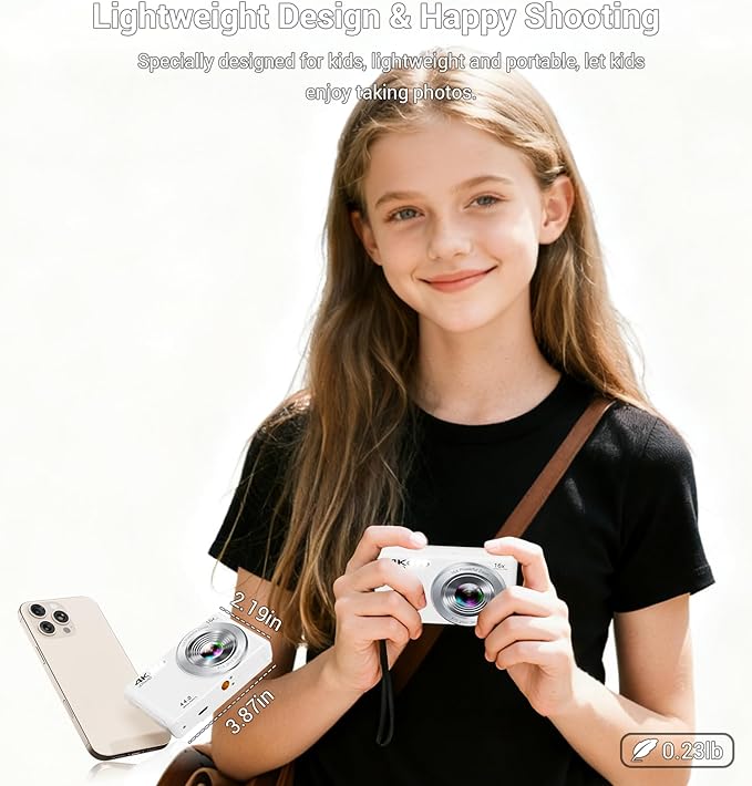 Digital Camera 4K, Autofocus Digital Compact Digital Camera,16X Digital Zoom Upgraded Travel Camera with 64GB SD Card,2 Batteries,Small Camera for Teens Kids Boys Girls,White