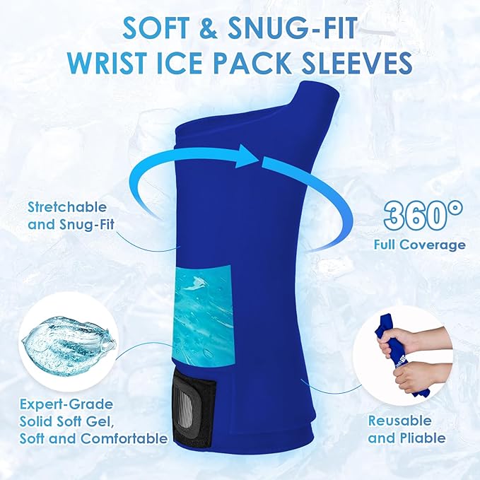 ComfiTECH Wrist Ice Pack Wrap 2 Pack, Flexible Hand Ice Pack for Carpal Tunnel, Thumb & Forearm, Reusable Gel Cold Sleeve with Adjustable Strap for Comfort and Support, Blue, Large