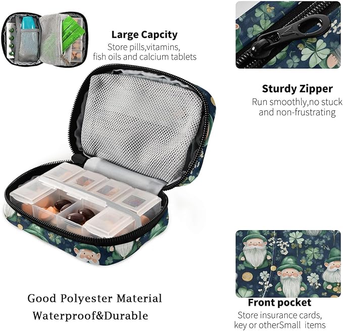 Fustylead St. Patrick's Cute Gnome and Gold Coin Travel Pill Organizer Bag with Zipper Small Pill Box 7 Day Pill Case for Purse Storage Weekly Vitamin Medicine Supplement