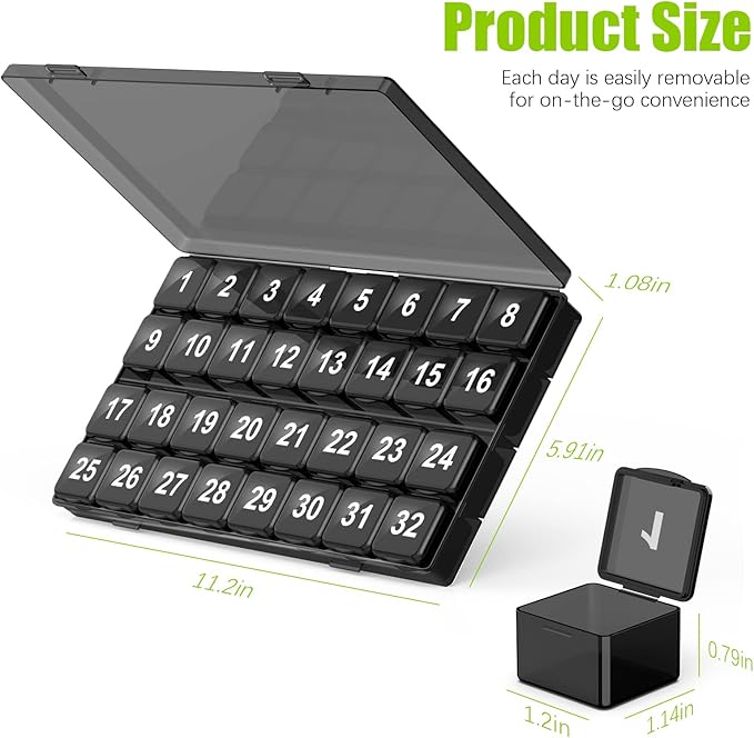 Monthly Pill Organizer Once a Day - 30 Day Pill Organizer Box - Easy to Open - Large Compartments Portable Case for Travel, Month Pill Cases Medicine Organizer for Vitamin (Black)