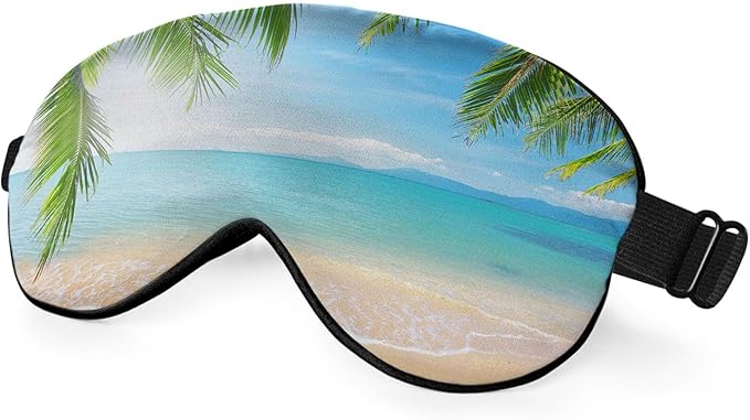Tropical Beach Sleep Mask Eye Mask Palm Sand Sea Blue Sky Summer Sleep Mask Light Blocking Adjustable Smooth Soft Eye Masks for Women Deep Rest Travel