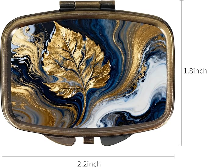 Dynippy Pill Case Pill Box with Mirror Retro Pocket 2 Compartment Medicine Case Vitamin Pill Organizer for Pocket Purse and Travel (A-Marbled Gold Leaf)