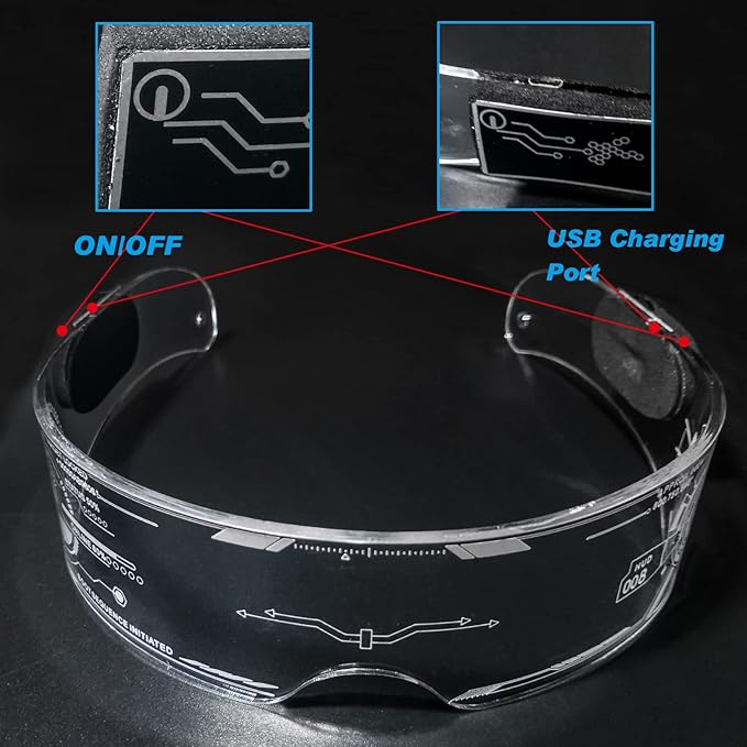 Fency Cyberpunk Glasses, USB Rechargeable LED Glasses whit Bilaterally Controllable, 7 Colors Changing Flashing