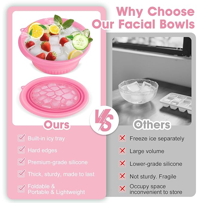 Face Bowl for Ice With Built-in Ice Tray Collapsible Silicone Facial Face Ice Bath Bowl Small Reusable Cold Plunge Basin is Portable,Perfect for Home Use,Camping,Travel Cold Bath Spa Tool & Pink