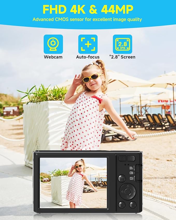 Black Digital Camera 4K for Teens with 16X Zoom Auto Focus, Small Compact Portable Point and Shoot Boys/Girls Student Digital Camera with 64G SD Card, 2 Batteries