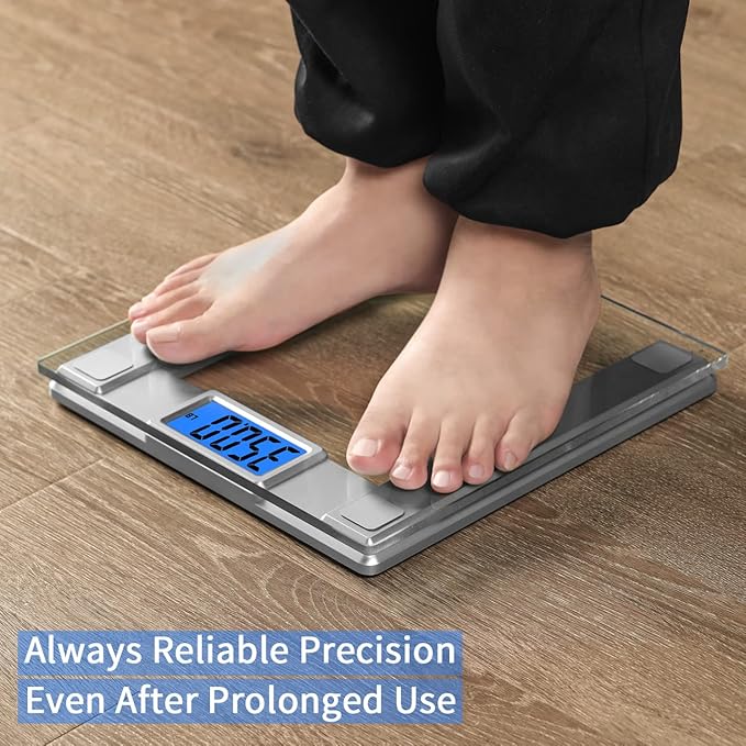 Vitafit 550lb Digital Bathroom Scale for Body Weight and BMI Via Smart APP, High Accuracy Assured by Weighing Professional Since 2001, 8mm Tempered Glass, Extra Large Blue Backlit LCD, Silver