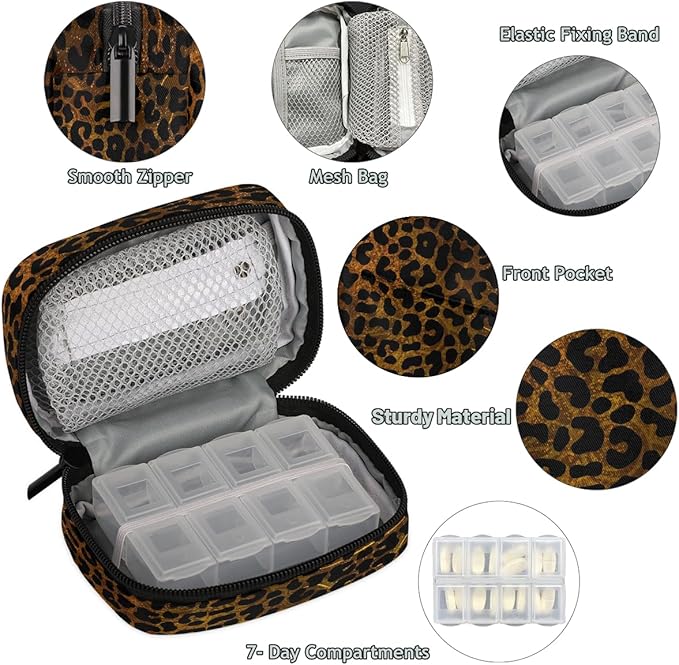 Gold Leopard Cheetah Skin Travel Pill Organizer Box Weekly Portable Pill Case Daily Pills 7 Day Small Birth Control Pills Container Removable Compartments for Medicine Vitamins Fish Oil