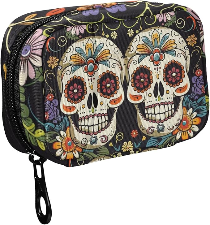 Fustylead Cute Day of The Dead Skulls and Flowers Travel Pill Organizer Bag with Zipper Small Pill Box 7 Day Pill Case for Purse Storage Weekly Vitamin Medicine Supplement