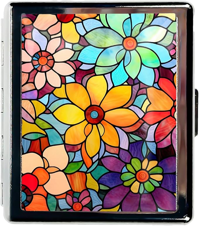 Travel Pill Organizer Small Pill Case for Purse Essentials 7 Days Cute Pill Box with Mirror Portable Pill Box for Pocket or Purse Pill Containe Travel Gifts (Stained Glass Flowers)