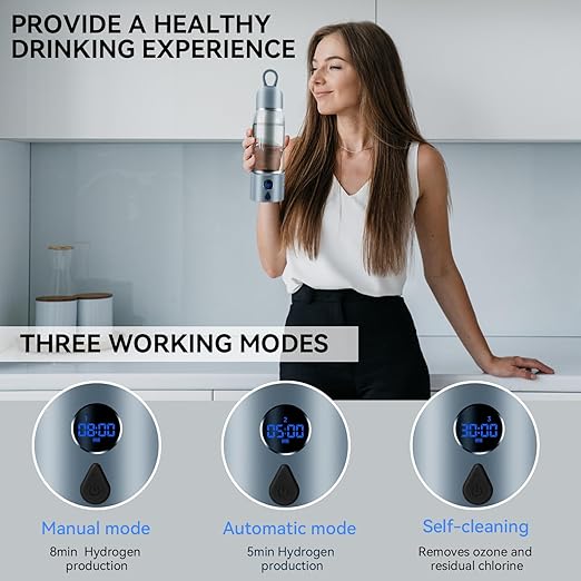 Hydrogen Water Bottle with Three Modes Produces 5000 PPB of Hydrogen Water in 8 Minutes,Made of Aluminium and Glass,with Colorful Light,Rechargeable for Travelling,Office,Home