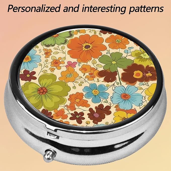 Round Pill Case Small Pill Box with Mirror Pocket 3 Compartment Vitamin Pill Medicine Case Organizer Pill Containers for Traveling Vintage Flower Two