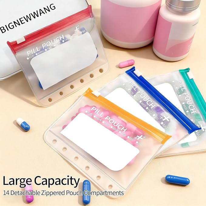 Extra Large Weekly Waterproof Pill Organizer Set, Reusable Pill Bags with 14 Coded AM PM Pouches for Home and Travel, 7 Day Portable Medicine Pill Case for Fish Oils, Vitamins and Daily Meds (White)