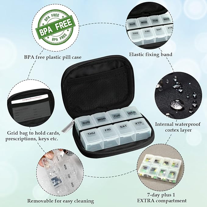 Serfeymi Weekly Travel Pill Organizer Pill Case for Purse with Removable 7 Day Pill Box, Fashionable Travel Medicine Organizer Pill Container for Medicine, Vitamin, Supplement - Brown 03