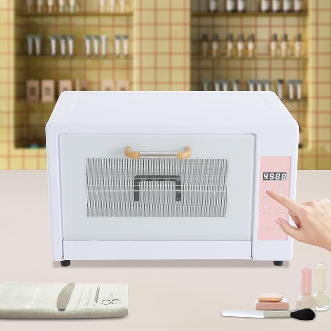 Sterilizer for Nail Tools, 24L Multifunctional Nail Tool Cleaning Machine, Nail Tool Sterilizer with 167℉ Hot Air, Adjustable Tiers, LED Display, For Hair, Salon, Spa, Nail, Salon (Pink)