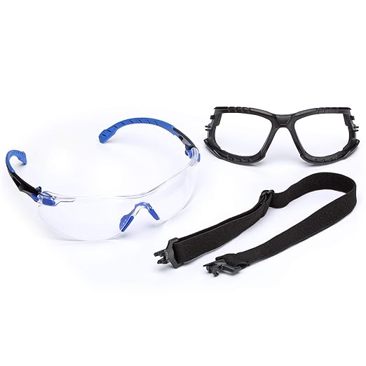 3M Safety Glasses, Solus 1000 Series, ANSI Z87, Scotchgard Anti-Fog, Clear Lens, Blue/Black Frame, Removable Foam Gasket and Strap, Pack of 1