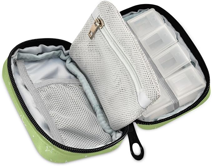 Bright Green Moons and Stars Travel Pill Organizer Case Box Container Weekly Portable Vitamin Medicine Holder Storage Bag with Zipper Removable
