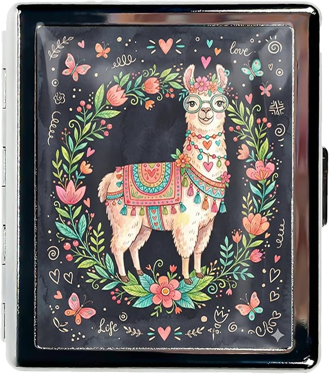 Metal 7 Day Pill Organizer, Weekly Pill Case with 8 Compartments, Travel Pill Box for Purse & Pocket, Small Medicine & Vitamin Organizer with PP Dividers (Floral Llama)