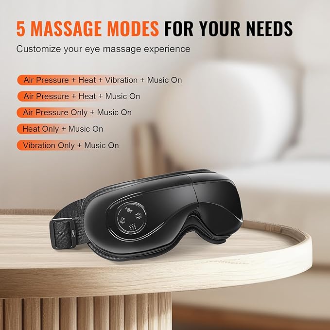 VEVOR Heated Eye Massager - 5 Modes, Bluetooth Music, Foldable, Ideal Gift for Parents, Black