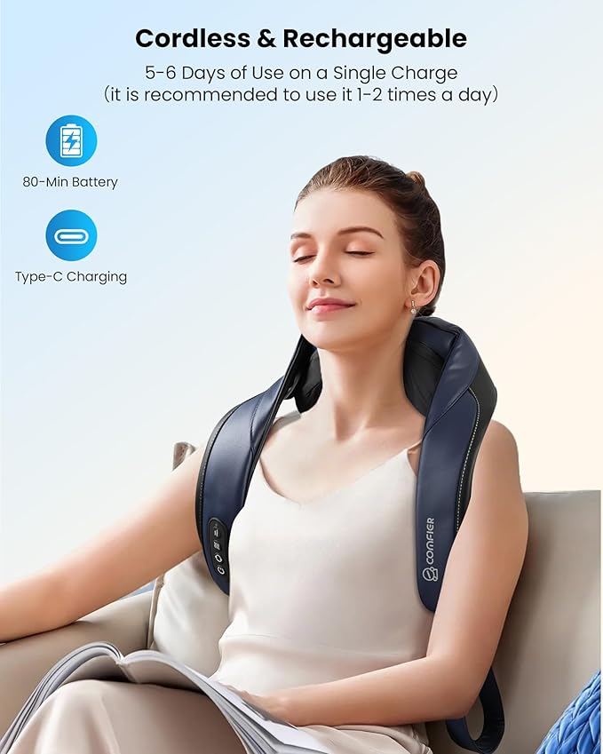COMFIER FSA Eligible Cordless Neck Massager with Heat, 4D Shiatsu Deep Tissue Kneading for Neck & Shoulders, Graphene Heating Massage Pillow, Portable & Rechargeable