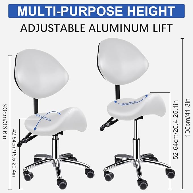 Upgrade Saddle Stool with Back Support, 400lbs Adjustable Salon with Wheels, Wide Thick Seat Padding, Ergonomic Esthetician Seat for Home Office Salon Shop Dentist Clinic, for People 5 Ft To6 Ft Tall