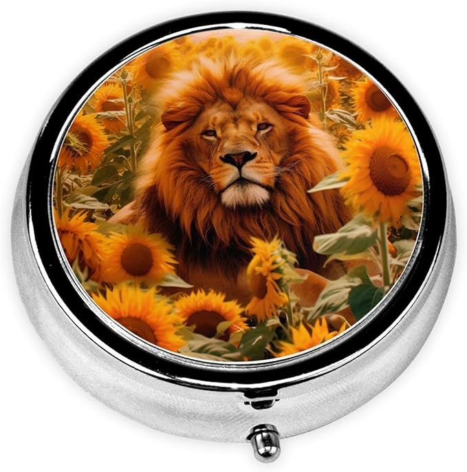 Lion Sunflowers Field Pill Box 3 Compartment Pill Case, Portable Medicine Pill Organizer for Pocket Purse Pill Box Decorative Metal Medicine Vitamin Organizer