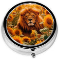 Lion Sunflowers Field Pill Box 3 Compartment Pill Case, Portable Medicine Pill Organizer for Pocket Purse Pill Box Decorative Metal Medicine Vitamin Organizer