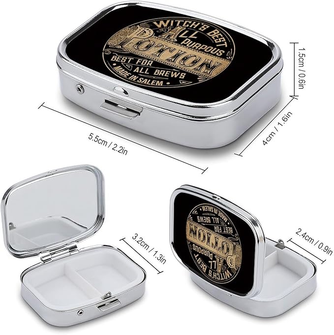 Metal 2 Compartment Pill Organizer Travel Friendly Portable Compact Pill Box Cute Pill Case,for Pocket Wallets Daily Portable Medicine Vitamin Tablet Storage (Potion)