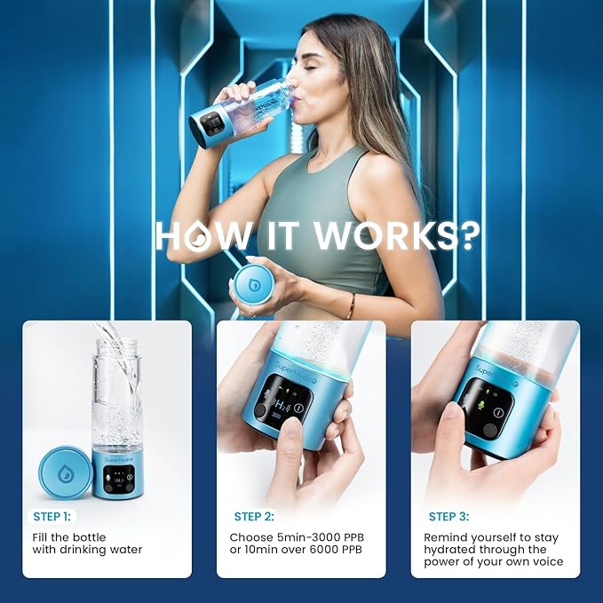 Hydrogen Water Bottle Generator - Up to 6000+ PPB Concentration - SPE/PEM Technology - Voice Reminder - Water Ionizer Machine Suitable for Travel, Daily and Office Drinking - 12oz (Blue)